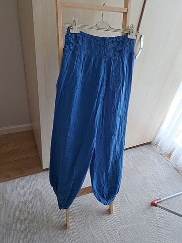 l Beden mavi Renk Keten şalvar pantolon