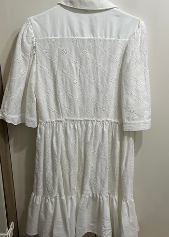 Beyaz Nakışlı Keten Midi Elbise - Görsel 5