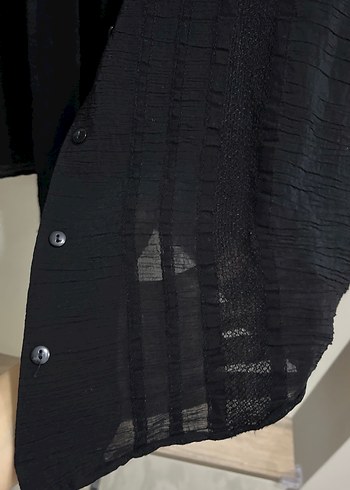 Düğmeli Siyah Keten Kadın Gömlek - Görsel 3