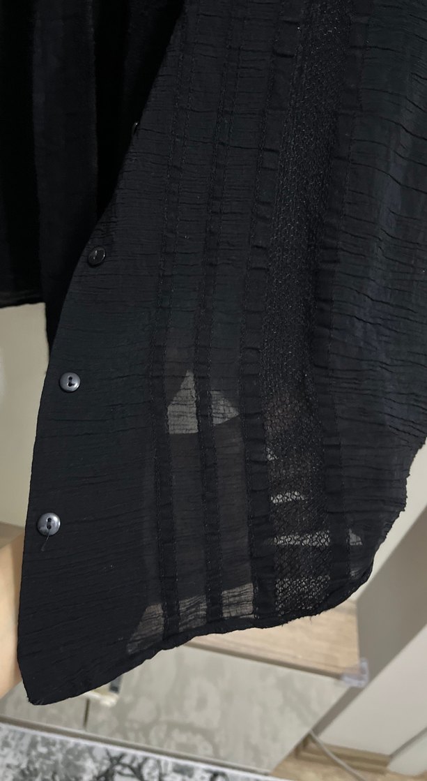 Düğmeli Siyah Keten Kadın Gömlek - Görsel 3