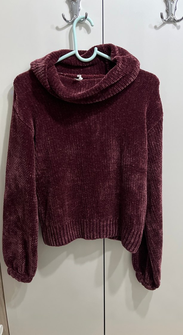 Bordo Yüksek Yakalı Örgü Kadın Kazak - Görsel 3