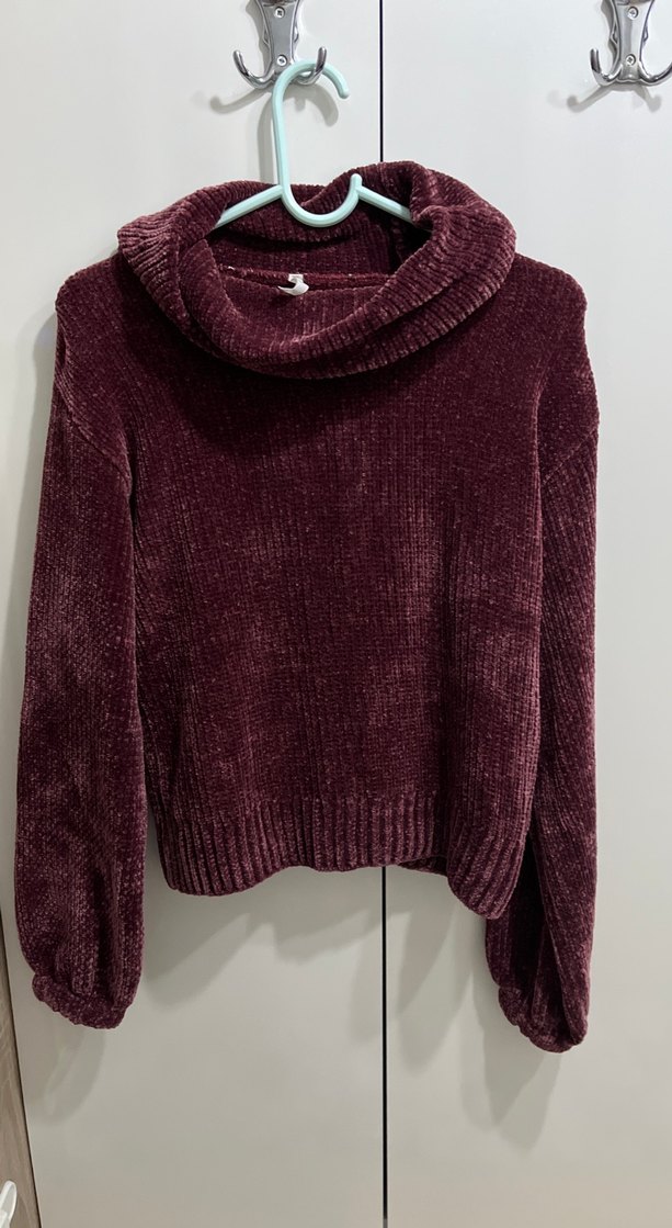 Bordo Yüksek Yakalı Örgü Kadın Kazak - Görsel 2