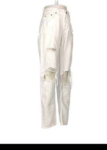 Beyaz Bol Kesim Yırtık Midi Kot Pantolon - Görsel 2