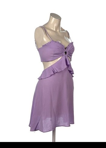 Mor Mini Straplez Fırfırlı Bohem Elbise - Görsel 2