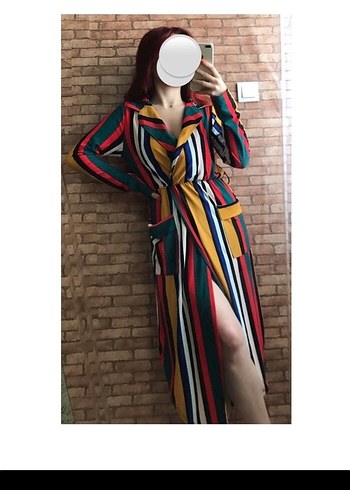 Çizgili Uzun Kollu Bohem Kadın Elbise - Görsel 4