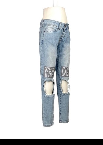 Kadın Gri Mavi Kemerli Yırtık Midi Denim Pantolon - Görsel 2