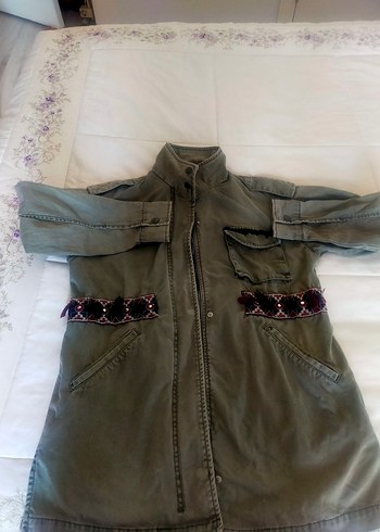 36 Beden haki Renk HaKi Nakışlı Bohem Uzun Kadın Ceketi