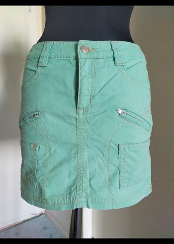 Turkuaz Kemerli Mini Denim Etek