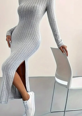 TEMU Gri Triko Uzun Kollu Dar Kesim Elbise - Görsel 2