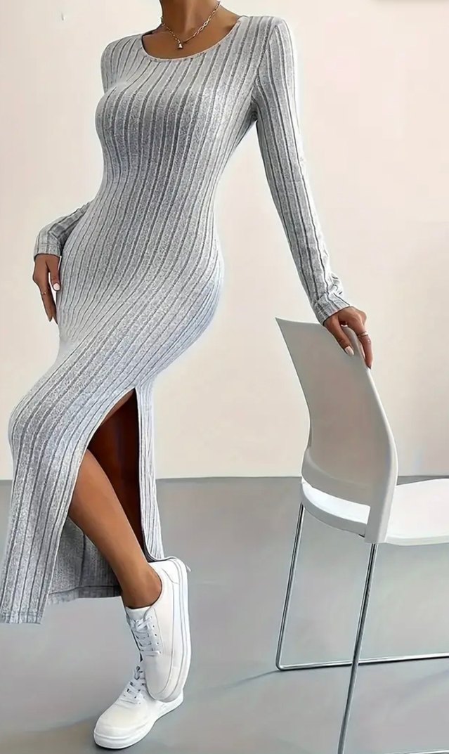 TEMU Gri Triko Uzun Kollu Dar Kesim Elbise - Görsel 2
