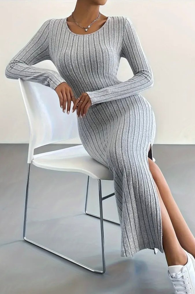 TEMU Gri Triko Uzun Kollu Dar Kesim Elbise - Görsel 4