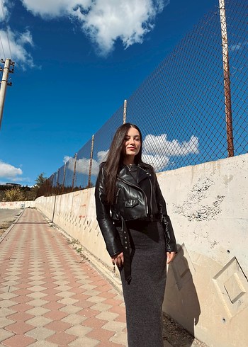 Gri Yüksek Yakalı Uzun Denim Elbise - Görsel 6