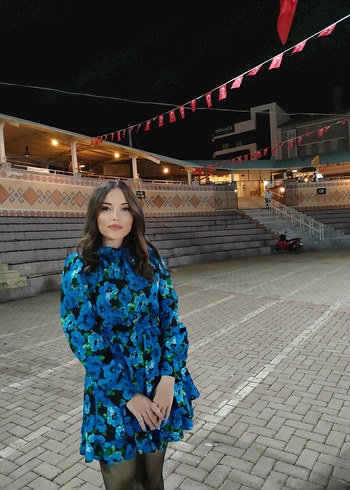 Mavi Tie-Dye Mini Uzun Kollu Elbise - Görsel 2