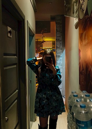 Mavi Tie-Dye Mini Uzun Kollu Elbise - Görsel 4