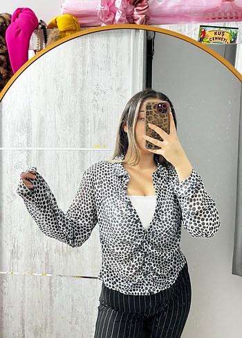 Şeffaf Zebra Desenli V Yaka Kadın Gömlek - Görsel 2