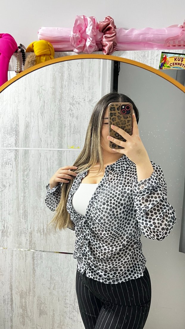 Şeffaf Zebra Desenli V Yaka Kadın Gömlek - Görsel 4
