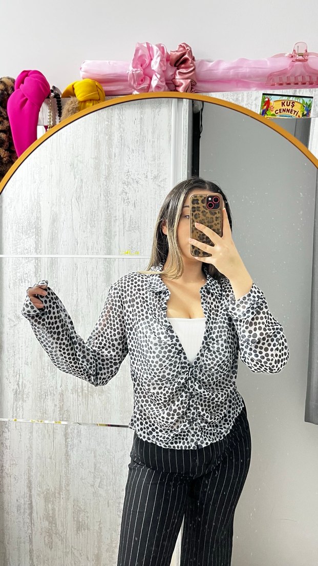 Şeffaf Zebra Desenli V Yaka Kadın Gömlek - Görsel 2