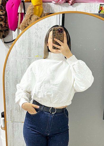 Beyaz Yüksek Yakalı Rahat Kadın Sweat - Görsel 2