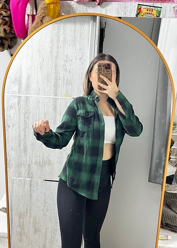 Kadın Yeşil Kareli Uzun Kollu Gömlek - Görsel 2