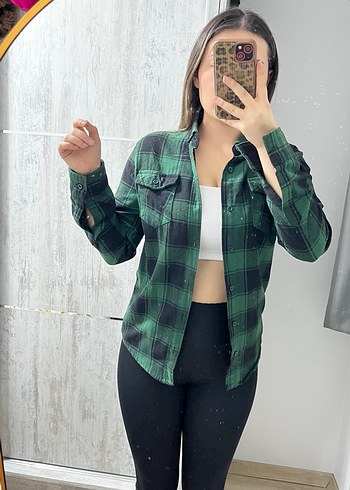 Kadın Yeşil Kareli Uzun Kollu Gömlek - Görsel 3