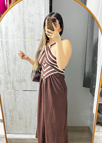 Kahverengi Zebra Desenli Uzun Askılı Elbise - Görsel 4