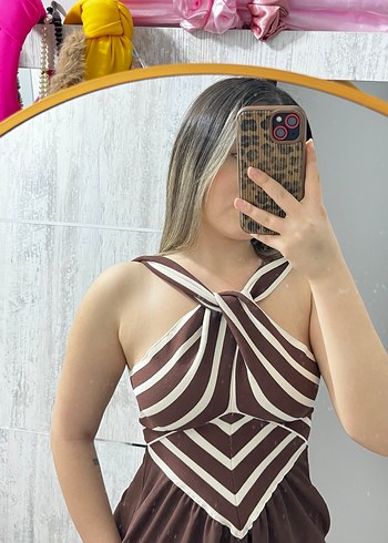 Kahverengi Zebra Desenli Uzun Askılı Elbise - Görsel 6