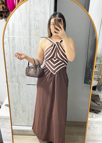 Kahverengi Zebra Desenli Uzun Askılı Elbise - Görsel 2