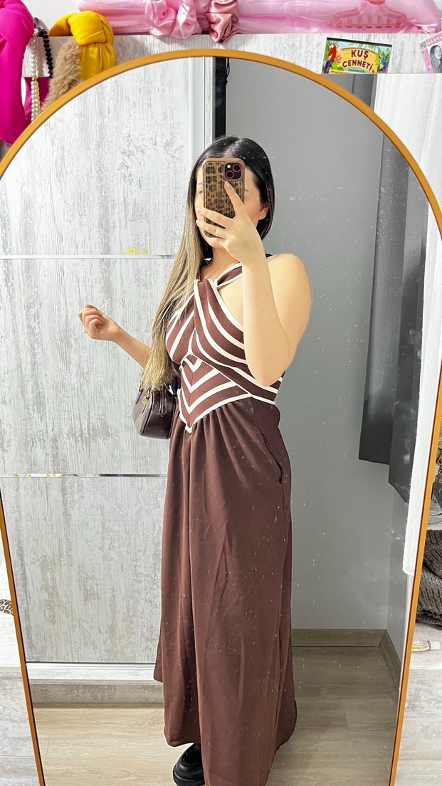 Kahverengi Zebra Desenli Uzun Askılı Elbise - Görsel 4