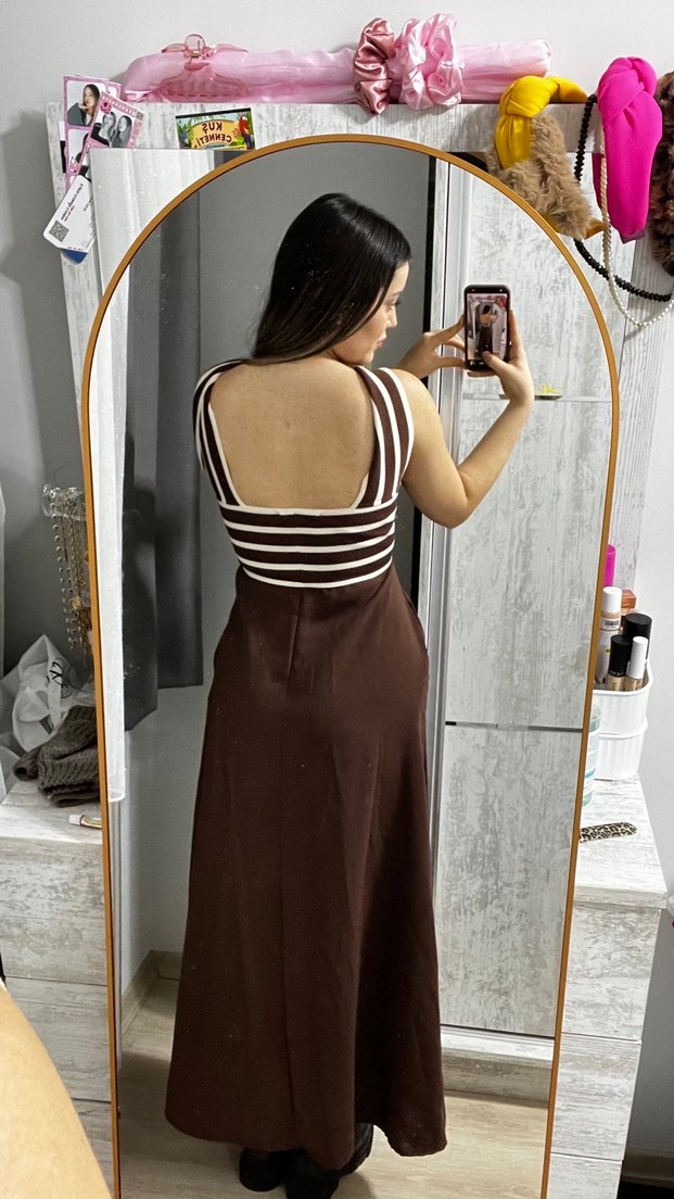 Kahverengi Zebra Desenli Uzun Askılı Elbise - Görsel 5