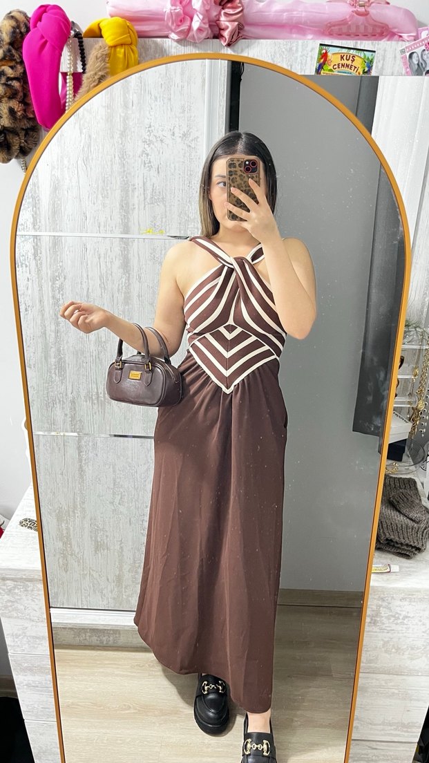 Kahverengi Zebra Desenli Uzun Askılı Elbise - Görsel 2
