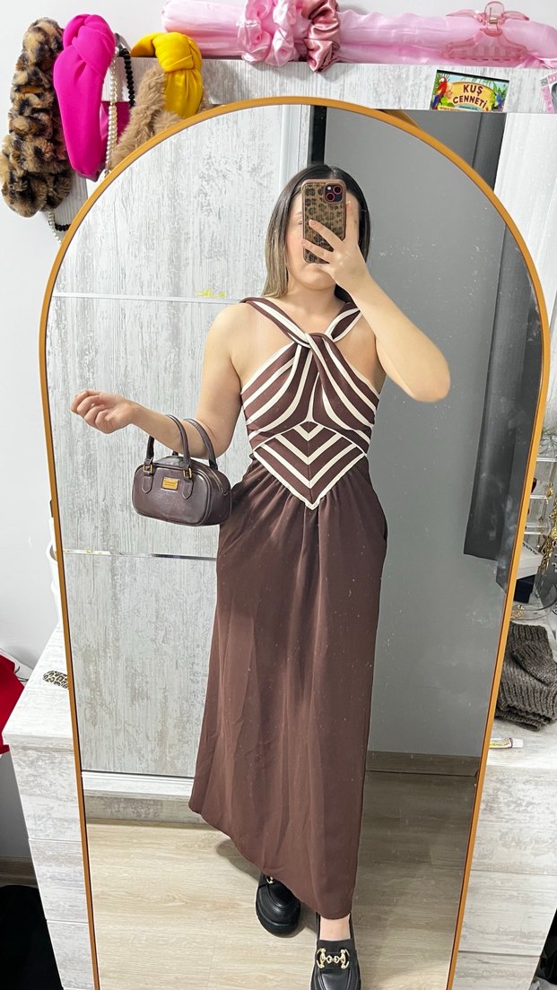 Kahverengi Zebra Desenli Uzun Askılı Elbise - Görsel 3