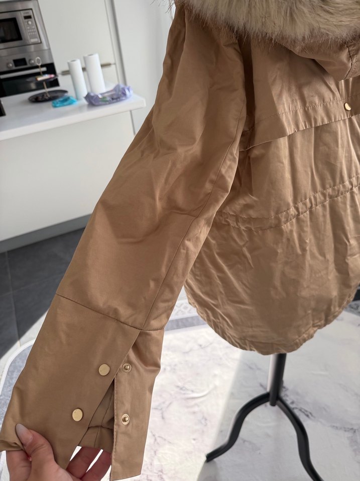 Kürklü Bej Midi Kadın Ceket - Görsel 4