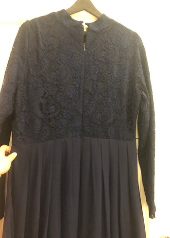 Lacivert Uzun Kollu Piliseli Uzun Elbise - Görsel 8