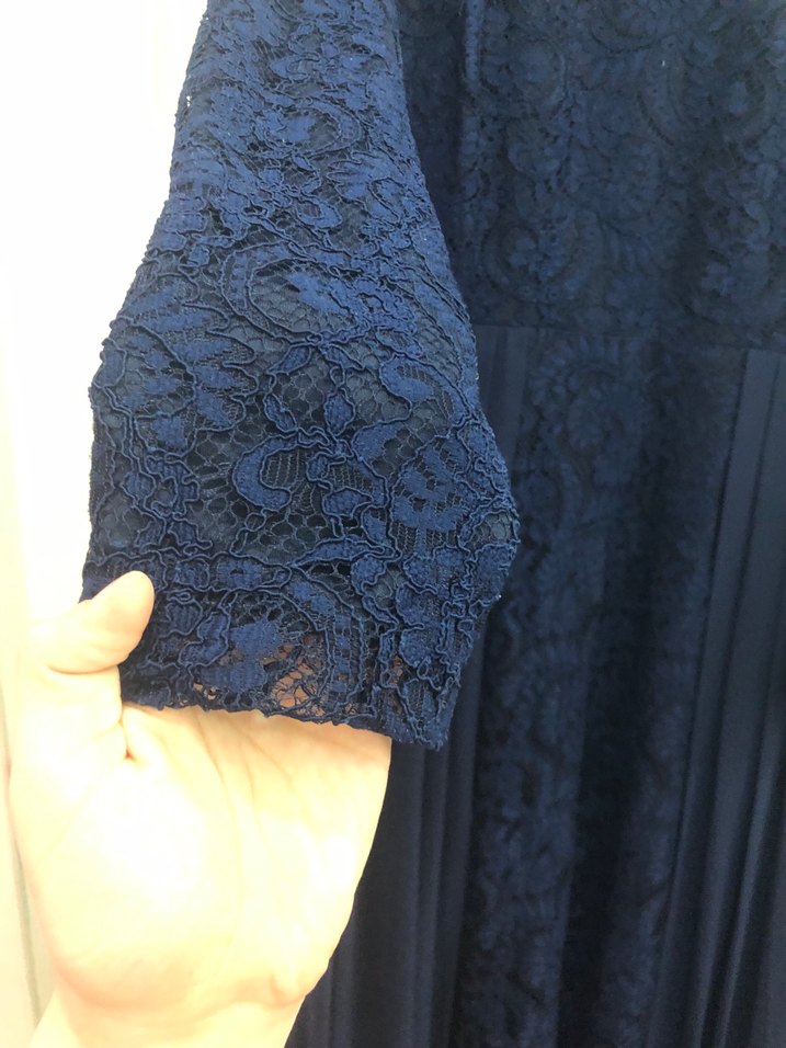 Lacivert Uzun Kollu Piliseli Uzun Elbise - Görsel 5