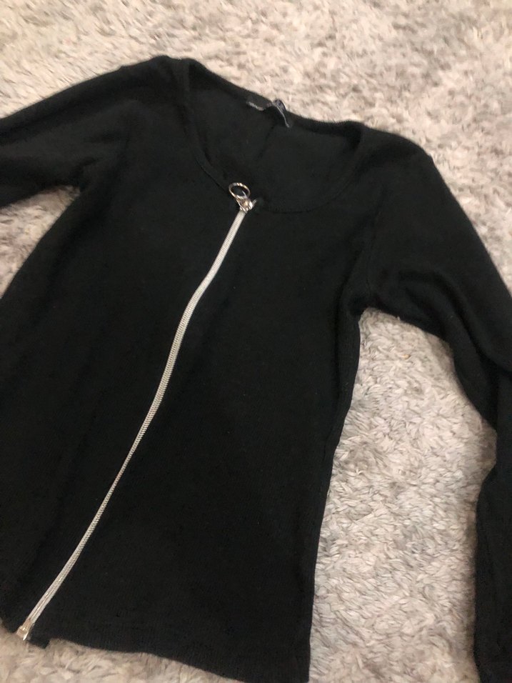 Kadın Siyah Uzun Kollu Fermuarlı V Yaka Kazak - Görsel 2