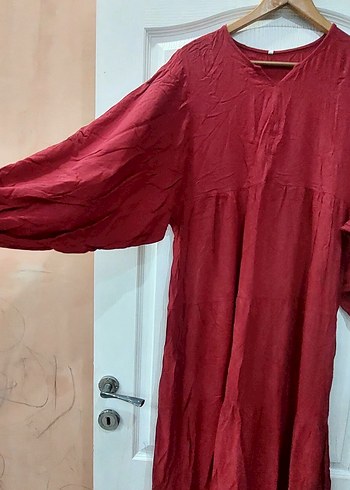 Bordo Uzun Kollu Bohem Keten Elbise - Görsel 3