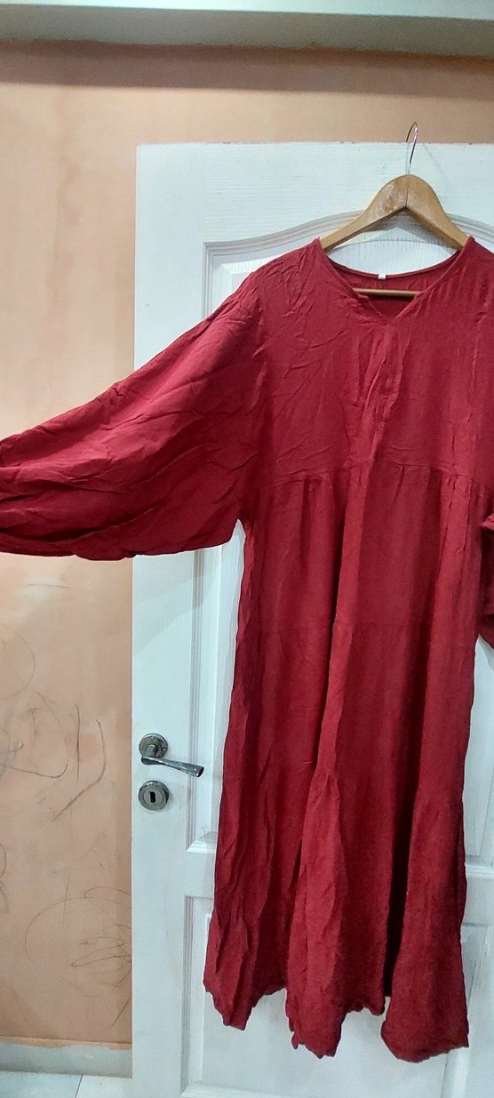 Bordo Uzun Kollu Bohem Keten Elbise - Görsel 3