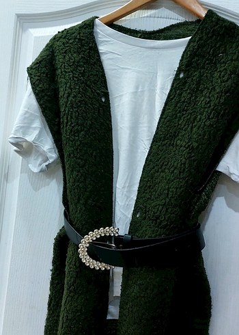 Kemerli Uzun Yeşil Kadın Yelek - Görsel 2