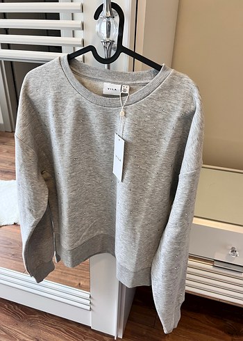 Gri Kadın Pamuklu Bisiklet Yaka Sweatshirt