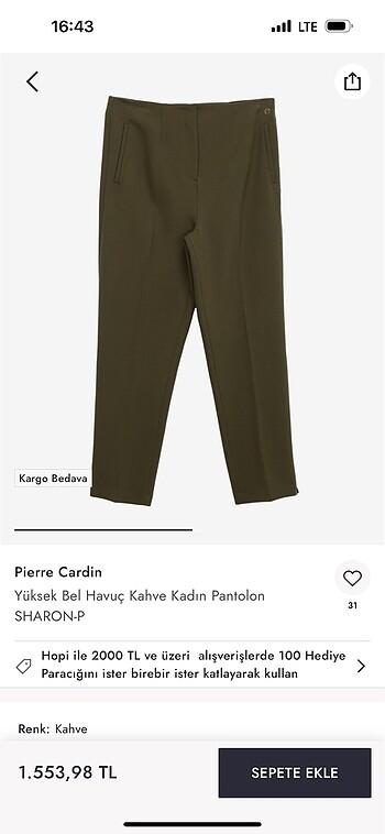 Pierre Cardin Pierre Cardin marka yeni etiketli 38 beden haki pantolon