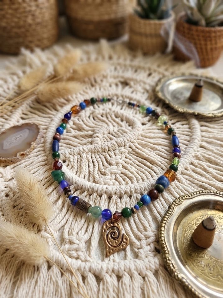 Bohem Mavi Yeşil Boncuklu Spiral Kalp Kolye — görsel 3/4