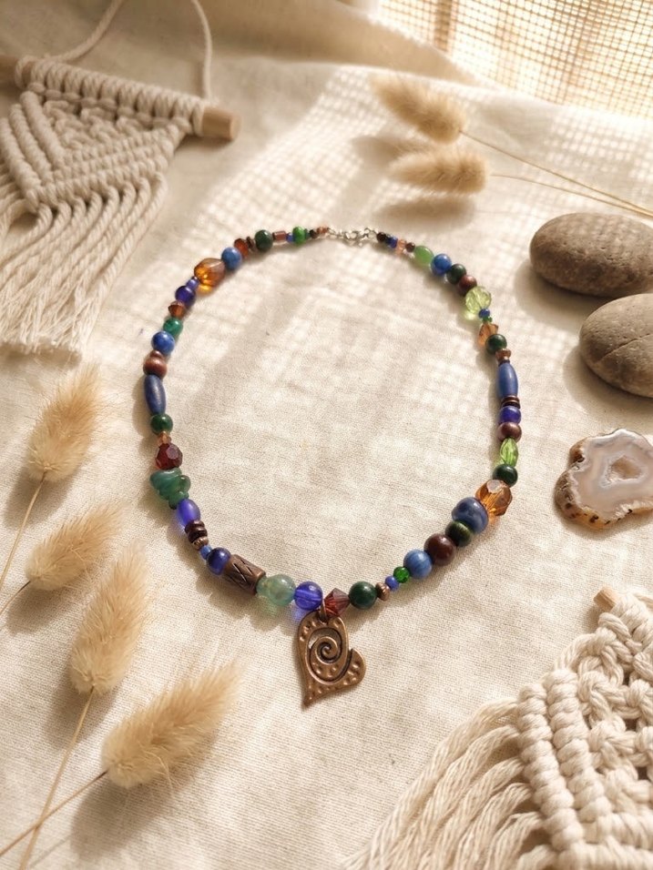 Bohem Mavi Yeşil Boncuklu Spiral Kalp Kolye — görsel 4/4