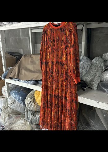 Diğer Uzun Kollu Pileli Batik Desenli Kadın Elbise