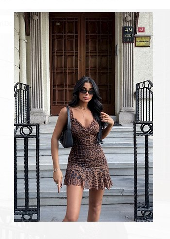 Diğer Kahverengi Leopar Desenli Mini Elbise