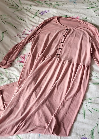 Düğmeli Pembe Uzun Full Penye Elbise Tesettür