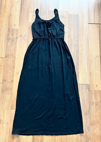 Siyah Uzun Drapeli Askılı Elbise - Görsel 3