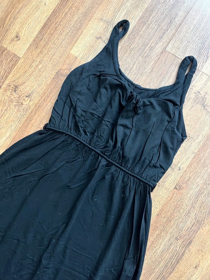 Siyah Uzun Drapeli Askılı Elbise - Görsel 4