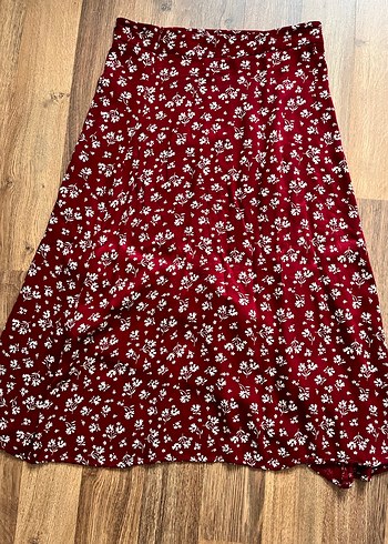 Trendyol Bordo Çiçek Desenli Uzun Volanlı Etek - Görsel 4