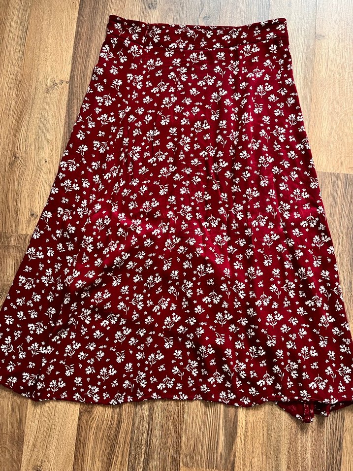 Trendyol Bordo Çiçek Desenli Uzun Volanlı Etek - Görsel 4