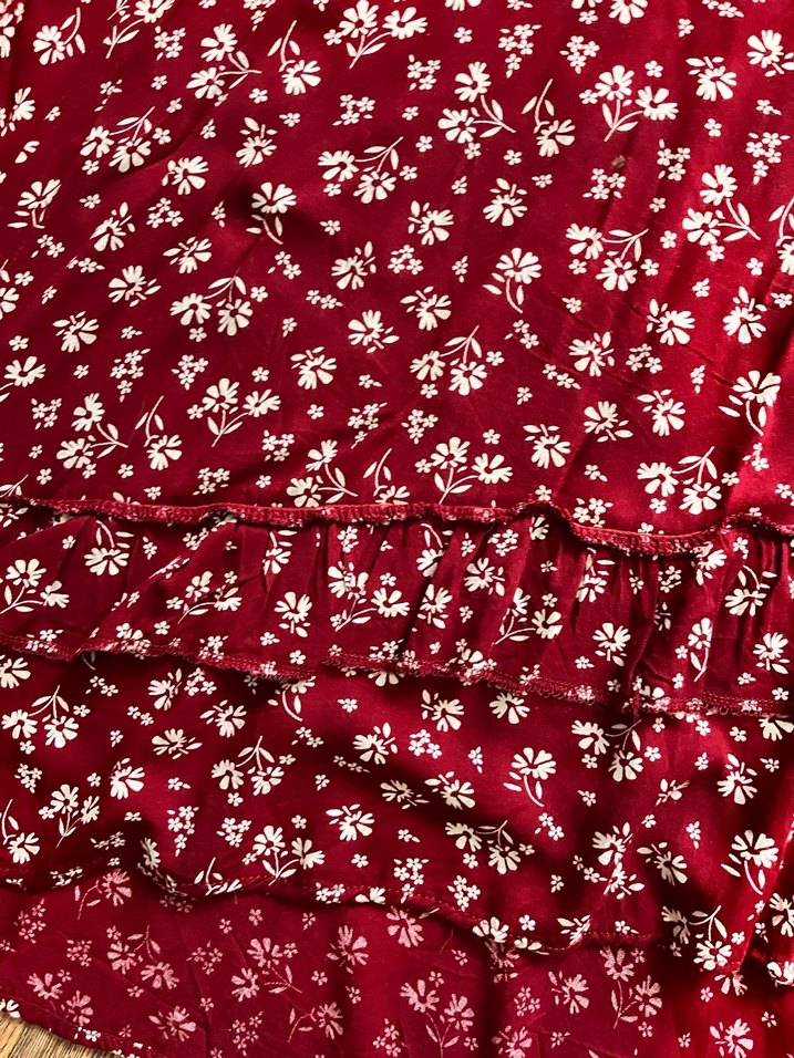 Trendyol Bordo Çiçek Desenli Uzun Volanlı Etek - Görsel 2